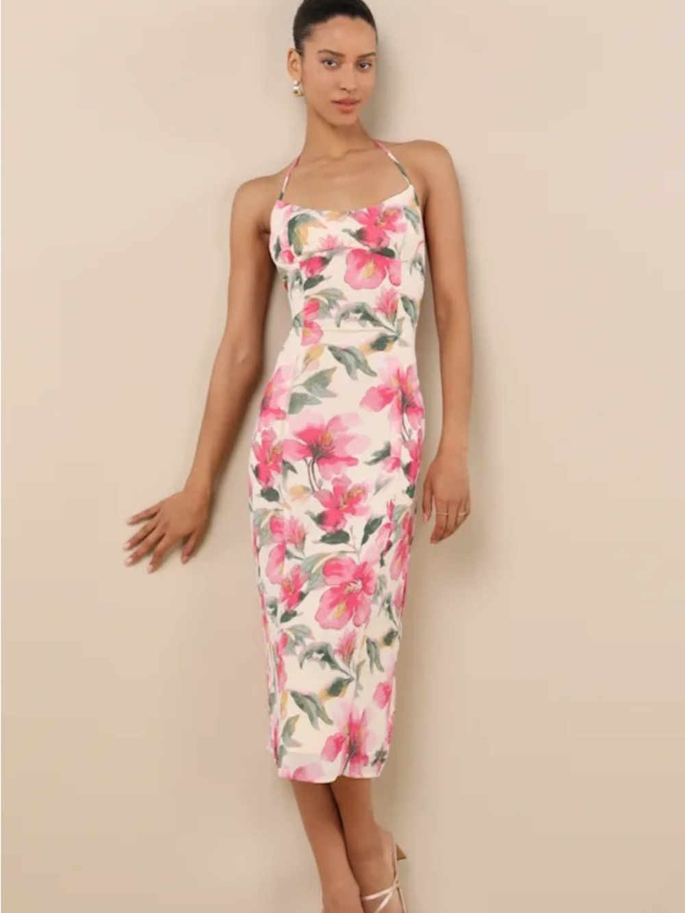 Lulu's Harleigh Light Yellow Floral Column Halter Midi Dress size S nwt